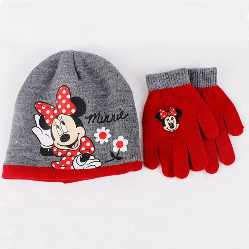 Disney 2Pcs/set Minnie Print Knitted Hat Gloves Winter Warm Fashion Children's Hats Girl Cap Magic Glove Hat Kids Christmas Gift 1