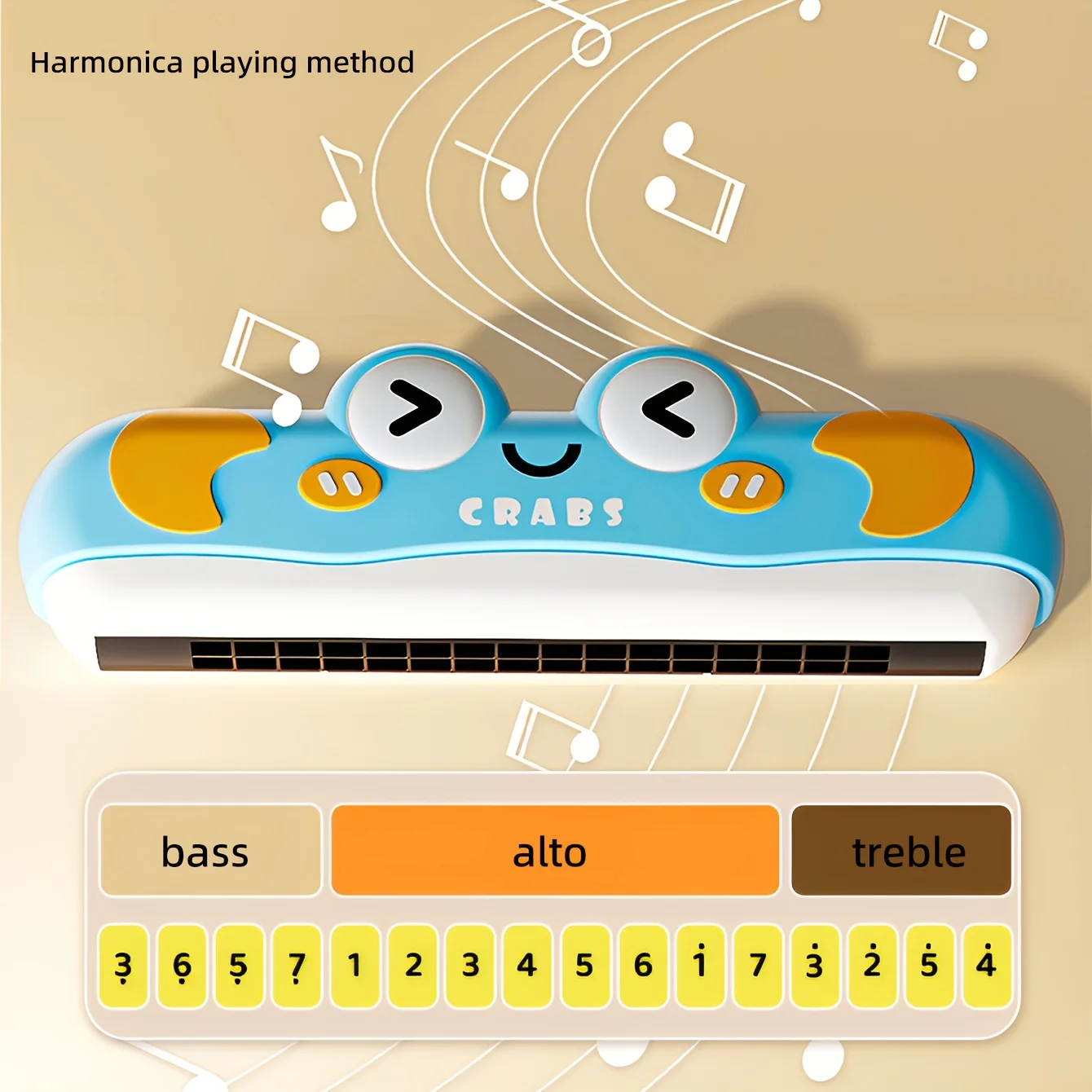 1pcs Cartoon Harmonica 32-Hole Beginner Whistle Cute Crab Design Washable ABS Gift for Kids Musical Learning Tool