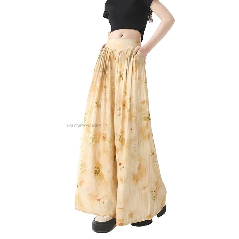 women's New Chinese Style Flower Print Wide Leg Casual Pants New Ice Silk Thin Straight Loose Pant Chiffon Oriental Pants