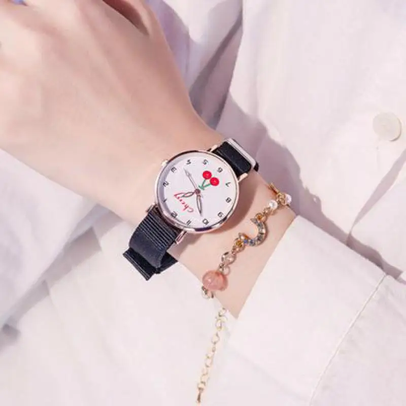 

Fashion Round Quartz Cartoon Cherry Dial Casual Wrist Watches Fabric Strap Fashionable Clock Waterproof Wrist Watch for Ladies