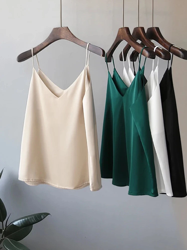 

Casual V-Neck Sexy Solid Satin Woman Camis Tank Tops Chiffon Sleeveless Camisole Top Halter Camis Tops