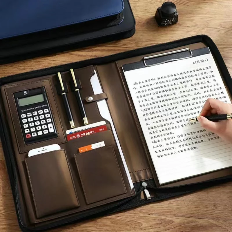 PU Leather Portafolio A4 Document Case Zipper Business Padfolio Leather Folder Binder A4 Portfolio Case Calculator
