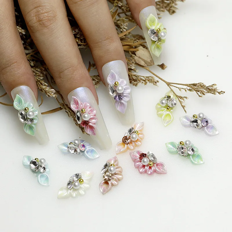 

10pcs 3D Acrylic Side Flower Nail Charms Nail Art Decoration Engraved Floral Pearl Diamond Jewelry Rhinestones Kawaii Accessorie