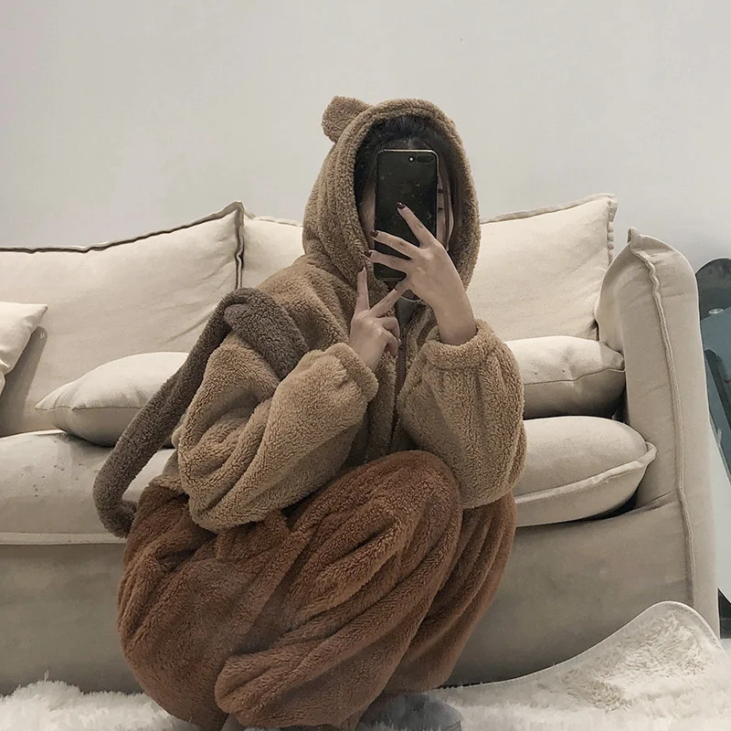 Winter Thickened Coral Velvet Nightgown Onesie Kigurumi Kawaii Brown Bear Cartoon Cosplay One-piece Pajamas Women Loungewear