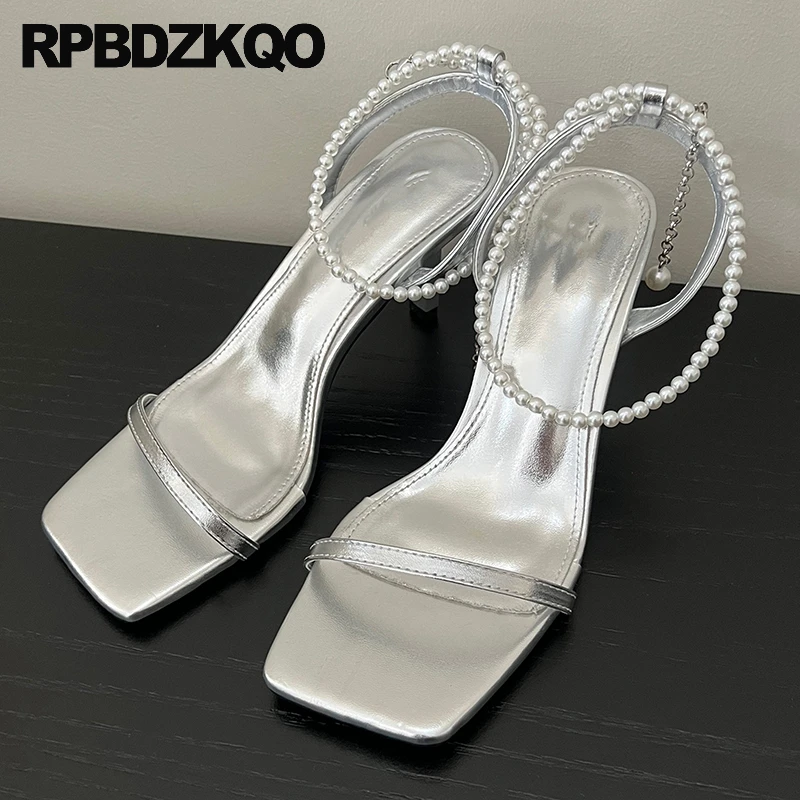 

Sandals Metallic Elegant Shoes High Heels Open Toe Pearl Pumps Stiletto Chain Ankle Strap Beaded Bride Women Bridesmaid Wedding