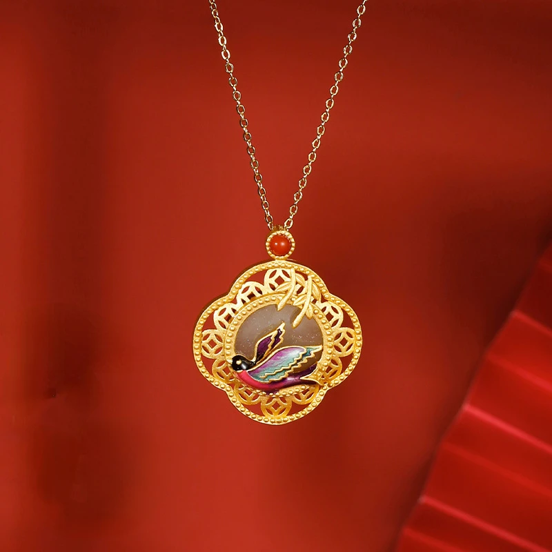 Chinese Style 925 Silver Gold-plated Hollow Out Natural Hotan Jade Colorful Swallow Pendant for Women Party Gift Without Chain hotan