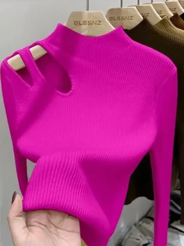 سترة نسائية محبوكة مجوفة لعام 2025 بلوفرات مضلعة للخريف والشتاء سترات نسائية أساسية ذات ياقة مدورة تناسب القمم الدافئة الناعمة 2