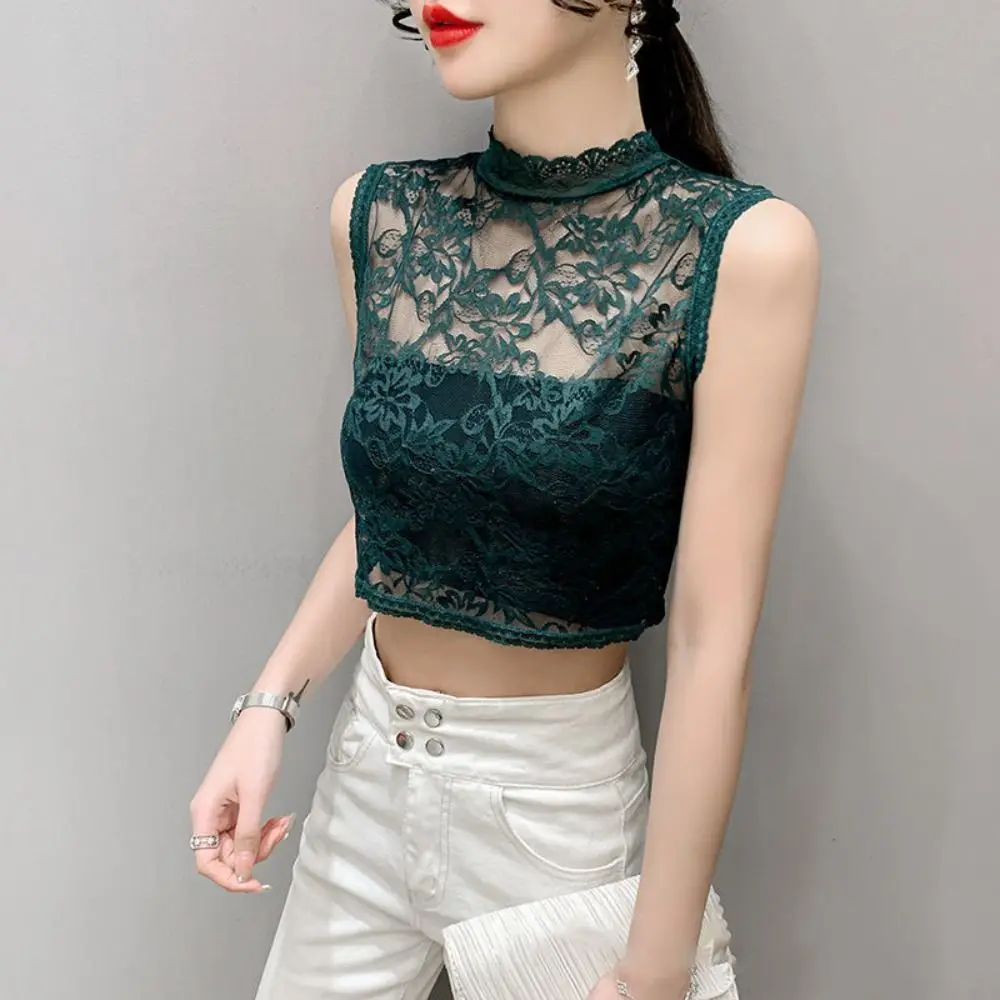 

Mesh Yarn Hollow Lace Half Blouse New Fashion Short False Collar Sleeveless Pullover Women Underwear Lace Turtleneck