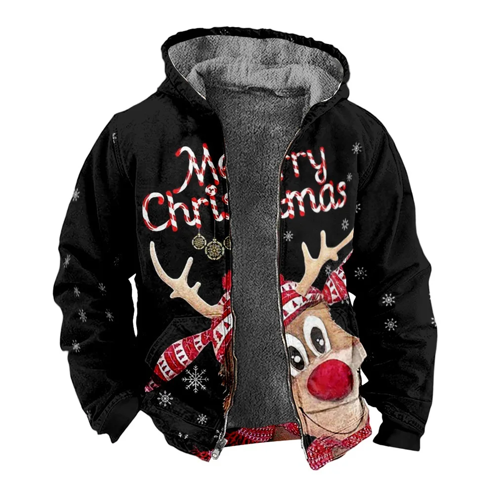 2023 New Christmas Cotton Coat Hooded Sweater Casual Print Long Sleeve Zipper Sweater Thick Cotton Coat Winter