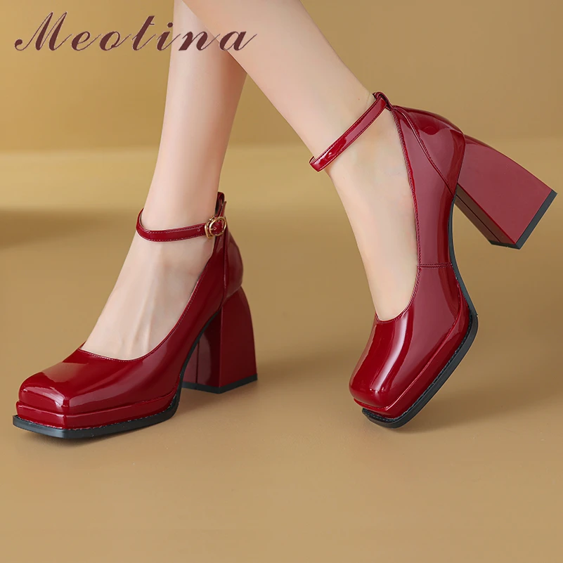 

Женские туфли с ремешком на щиколотке Meotina, туфли из натуральной кожи на толстом высоком каблуке, с квадратным носком, с пряжкой, на платформе, весна-осень, 40