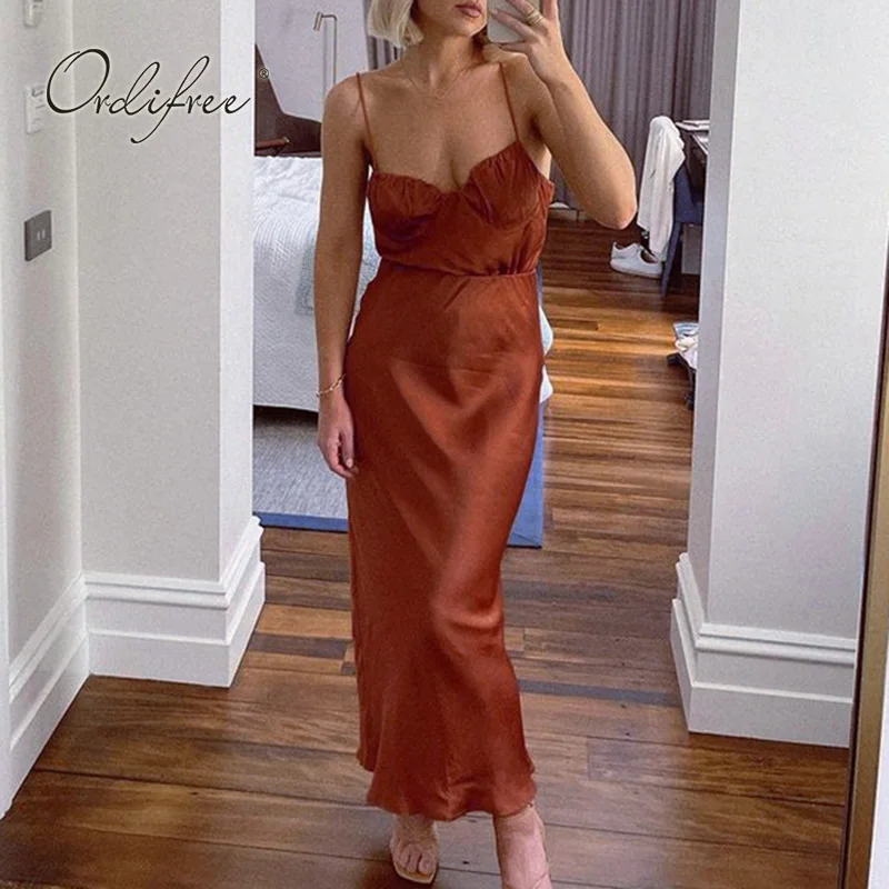 

Ordifree 2023 Summer Women Long Party Dress Spaghetti Strap Vintage Basic Dresses Maxi Satin Slip Dress