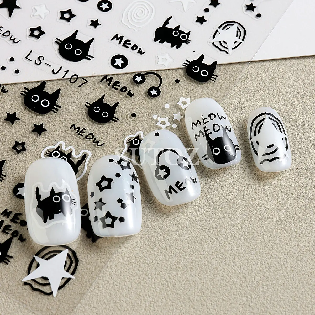 3D Cartoon Cat Nail Stickers Cute Meow Black White Star Graffiti Nail Decals Childlike Sticker DIY Charms Manicure Decor LEBLS-J nail stickers nail decals nail art decoration