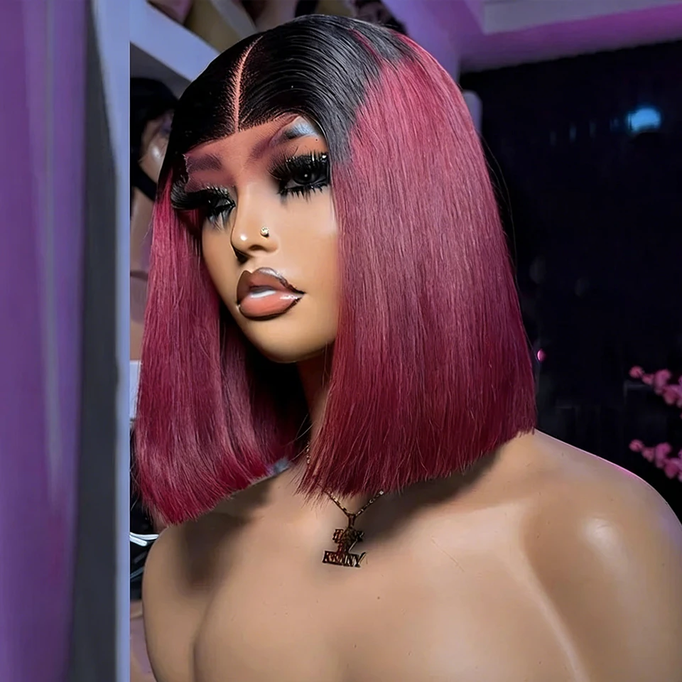 Perruque courte bob lisse à 180% de densité, couleur ombrée T1B/99J, perruque à dentelle frontale 13X4, cheveux humains vietnamiens 100%, perruques à raie au milieu