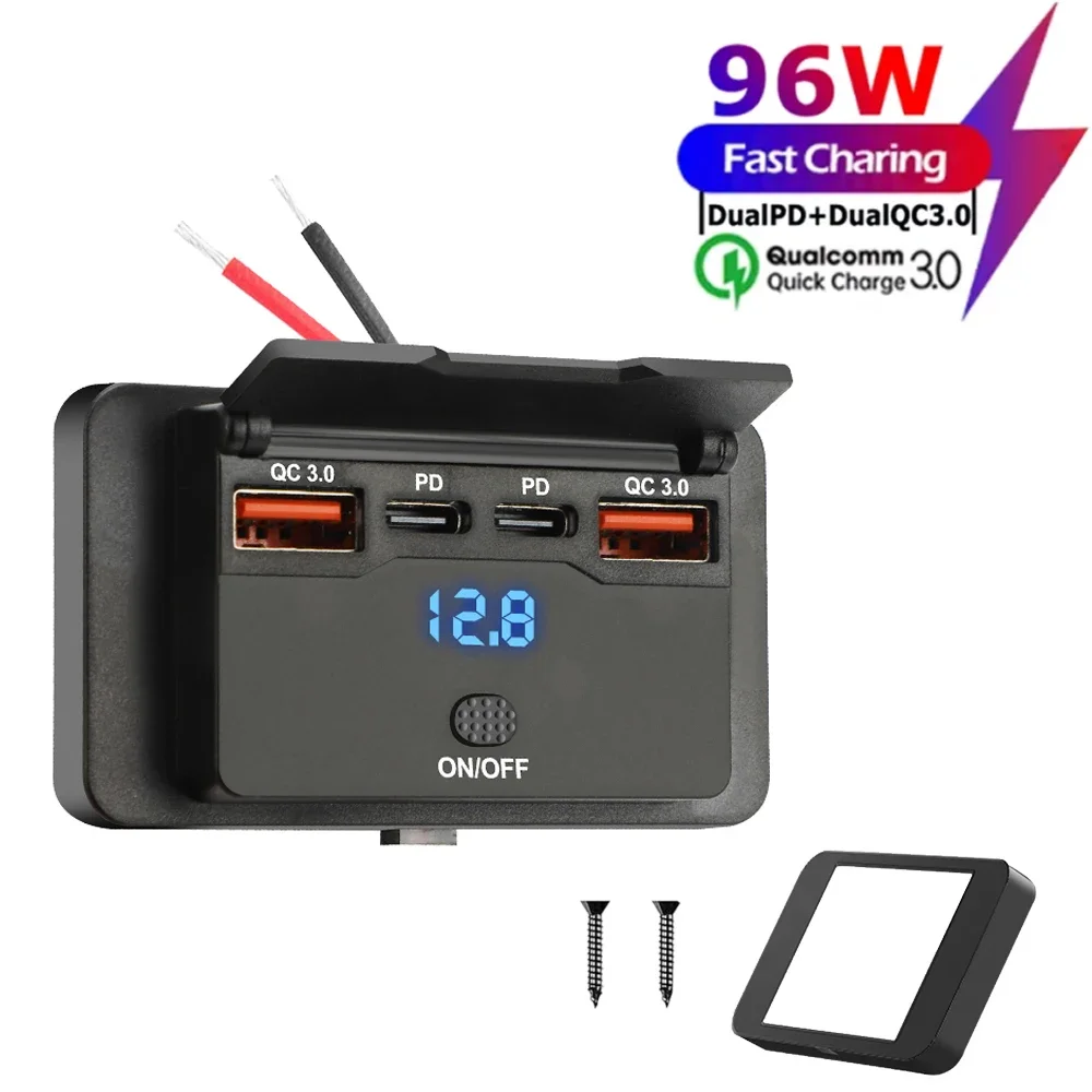 USB Car Charger 4 Ports Dual PD Dual QC 3.0 with Switch 96W Quick Charging Socket USB Power for 12V/24V Car Boat Bus RV Truck