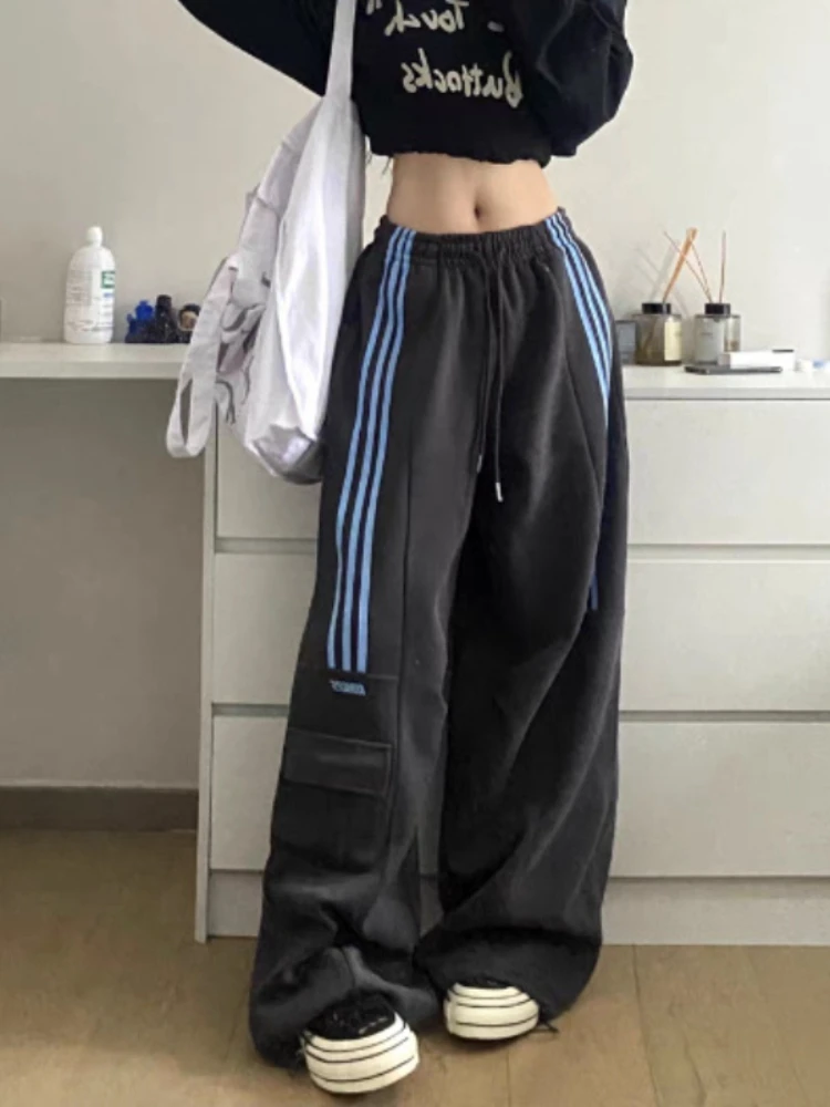 QWEEK Y2k Stripe Sweatpants Women Hip Hop High Waist Vintage Loose Wide Leg Pants Streetwear Elastic Casual Black Oversize Pants