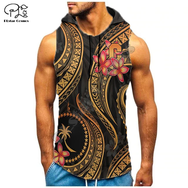 Polynesian Island Chuuk Flag Hibiscus Tattoos Unique Tribal Retro 3DPrint Summer Streetwear Casual Funny Sleeveless Hoodies A3