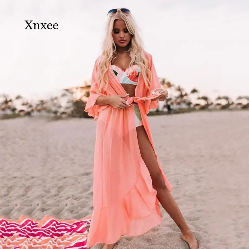 

See Through Bikini Cover-Ups 2022 Sexy Pink Chiffon Tunic Long Kimono Women Summer Wrap Dress Beach Wear Swimsuit Cover Up