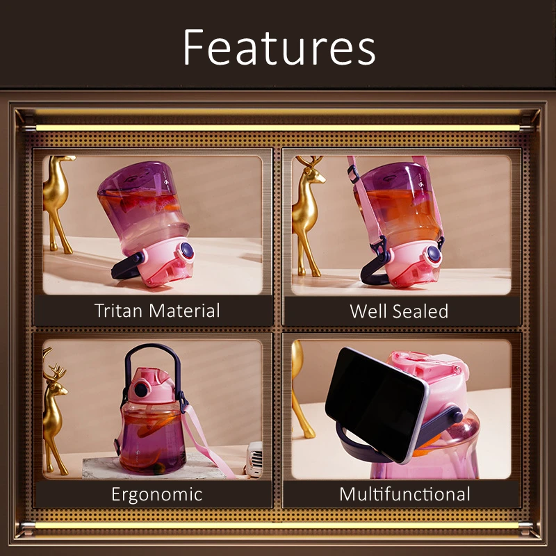 Gradient Purple and Brown Transparency PP Tritan Sport Bottle, Silicone Straw, 1300ml, Water Cup, Baby and Girl Fitness, baby sport bottle