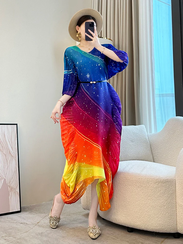 LANMREM Gradient Colorblock Design Pleated Dress For Women 2025 New Loose Causal Three Quarter Sleeve chic Long Dresses 2DB2985 - Image 3