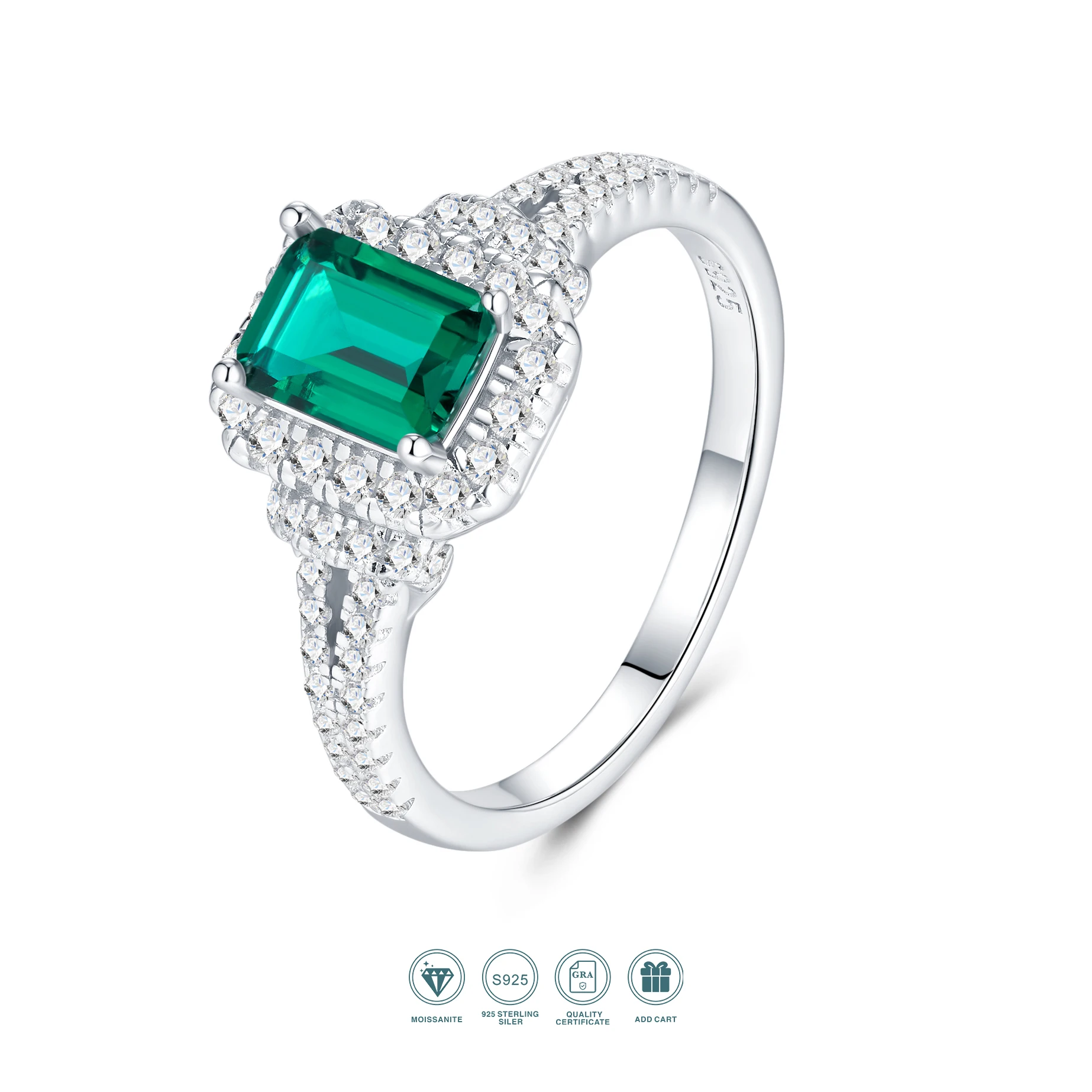 JIUZUAN Emerald Cut 5x7mm Lab Emerald Ring S925 Silver 18K Gold Plated Pavé Moissanite Halo Engagement Jewelry for Women Ring - 6