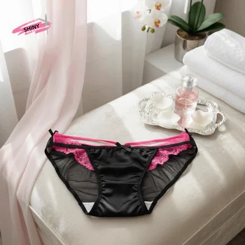 Delicate slip a vita bassa in raso di seta, intimo da donna con pizzo sottile e inserti in rete, con fondo in cotone