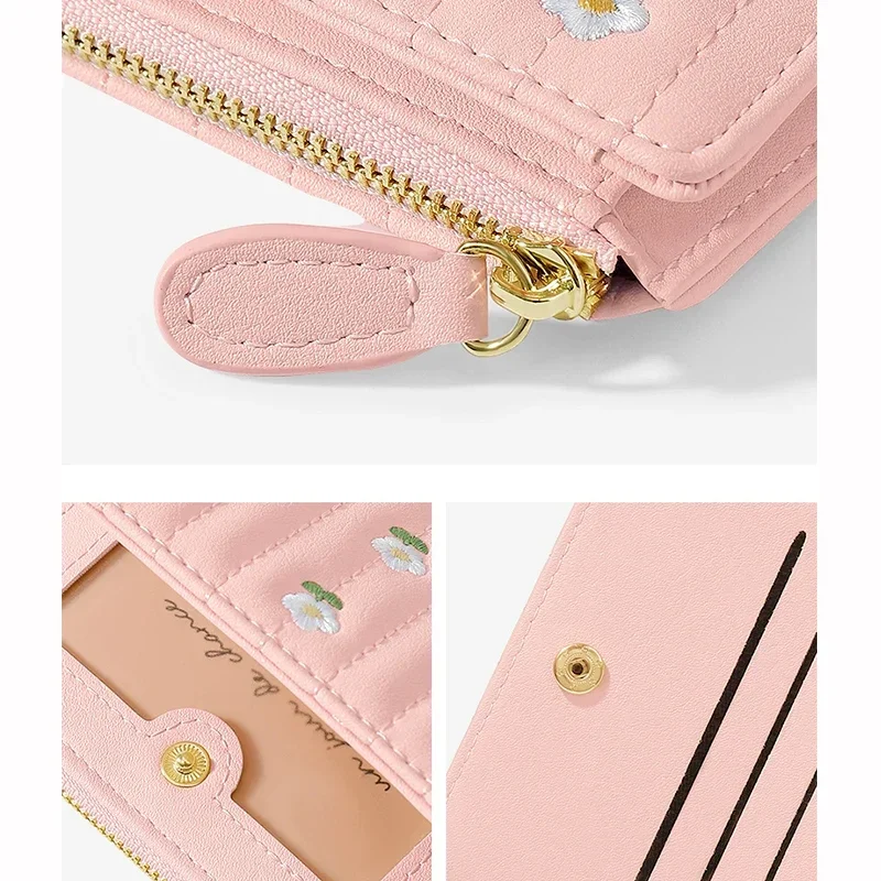 Folding Short Wallets Women Floral Embroidery PU Leather Texture