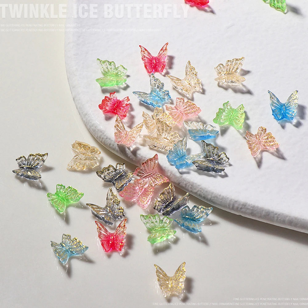 50Pcs Colorful Shiny Butterfly Nail Art Decoration 3D Resin Sparkling Pink Butterfly Nail Art Charms Cute DIY Manicure Supplies
