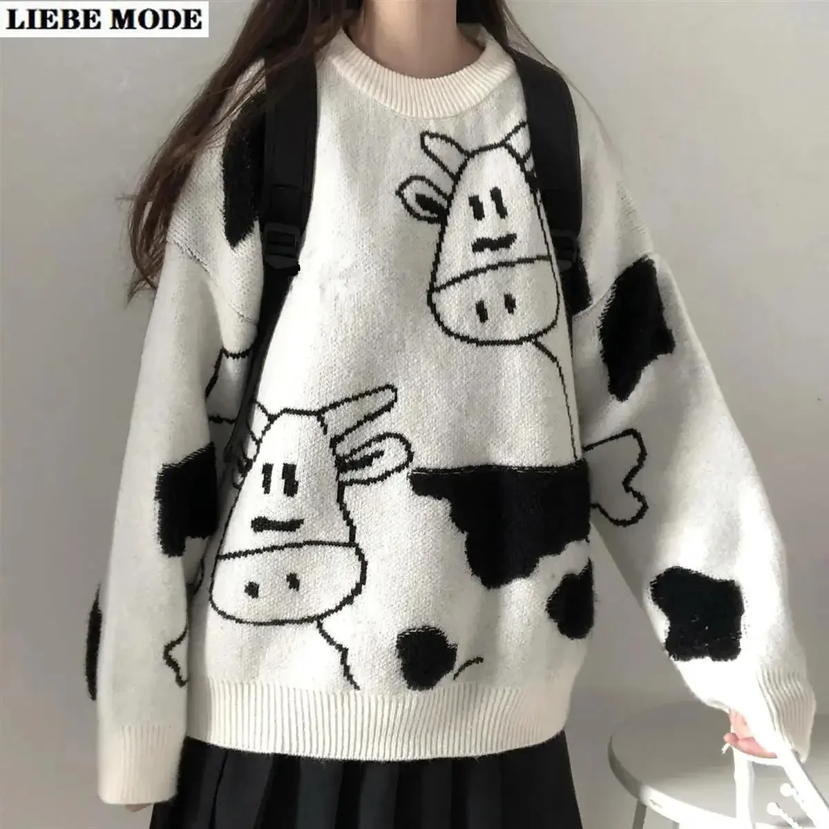 

Women's Cute College Oversize Sweater Autumn Casual Knitted Long Sleeve Jumper Coat Women Loose O-neck Pullover Sweaters