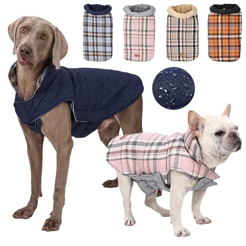 

New Reversible Dog Jacket Winter Waterproof Nylon Warm Large Dog Clothes Lattice Cozy Dog Coat French Bulldog Labrador Costume