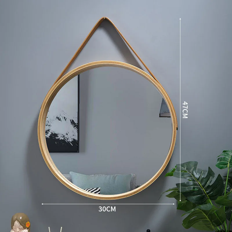 Perforation-free Vanity Mirror Wall-mounted Round Thickened Wooden Border Dressing Mirror Bathroom Mirror Makeup Mirror 6