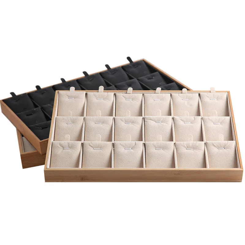 Wholesale 18Grids Bamboo PU Jewelry Pendant Tray Necklace Storage Jewelry Organizer Tray Holder Showcase For Drawer