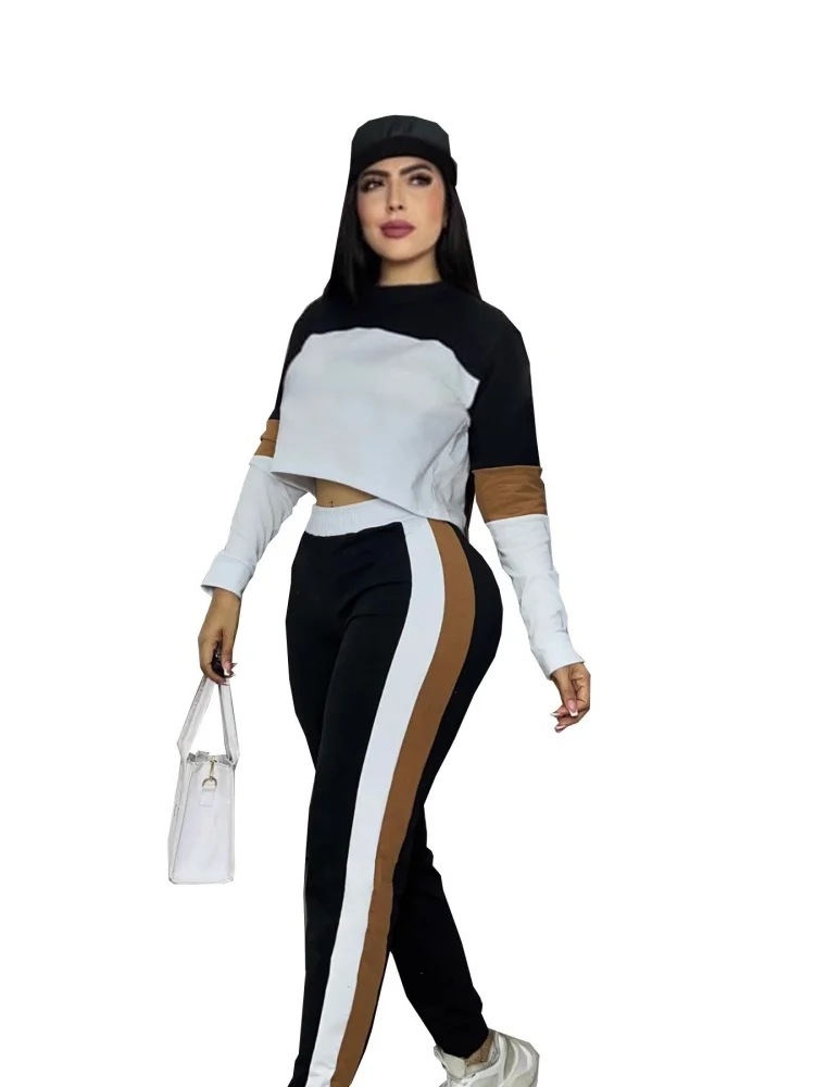 Wmstar Two Piece Set Women Wholesale European American Fashion Color Blocking Long Sleeved Pullover Sporty Casual Trousers