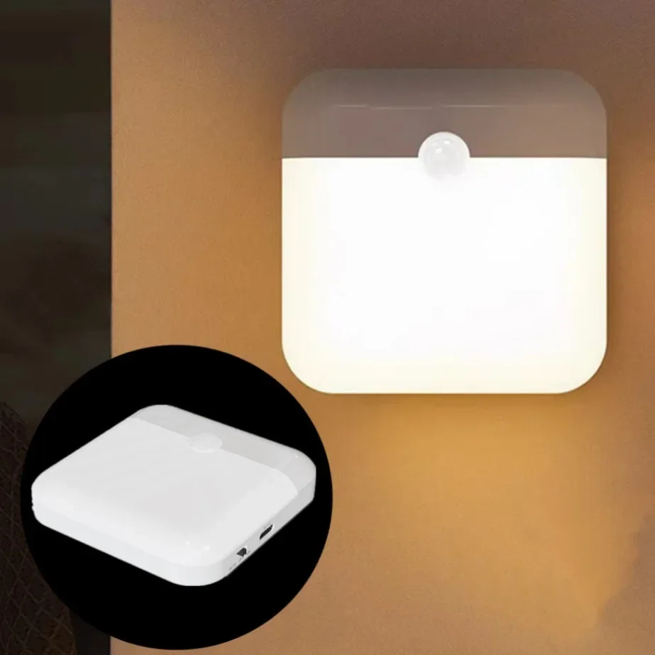 PIR Motion Sensor LED Night Light USB Rechargeable Withswitch Night Lamp for Bedroom Kitchen Cabinet Light Wireless Closet