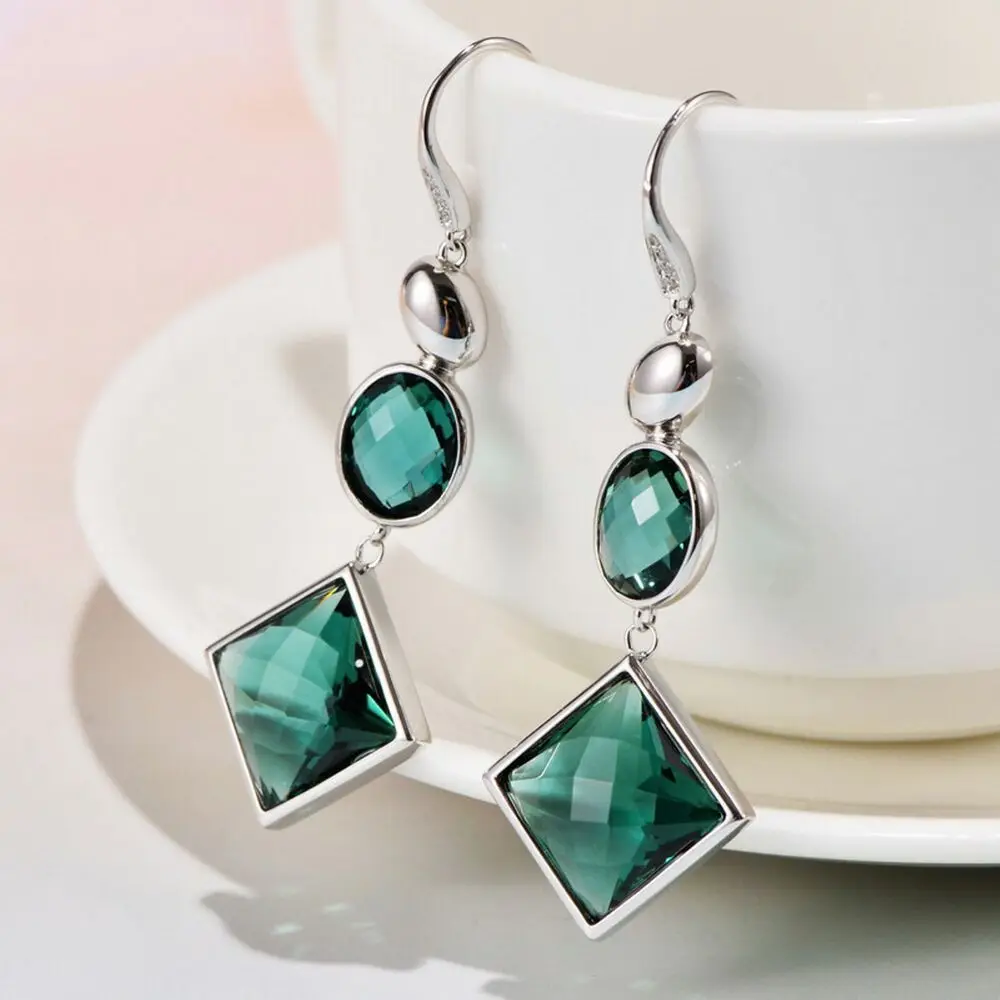 

Real S925 Sterling Silver Dangle Women Green Crystal Square Oval Tassel Earrings