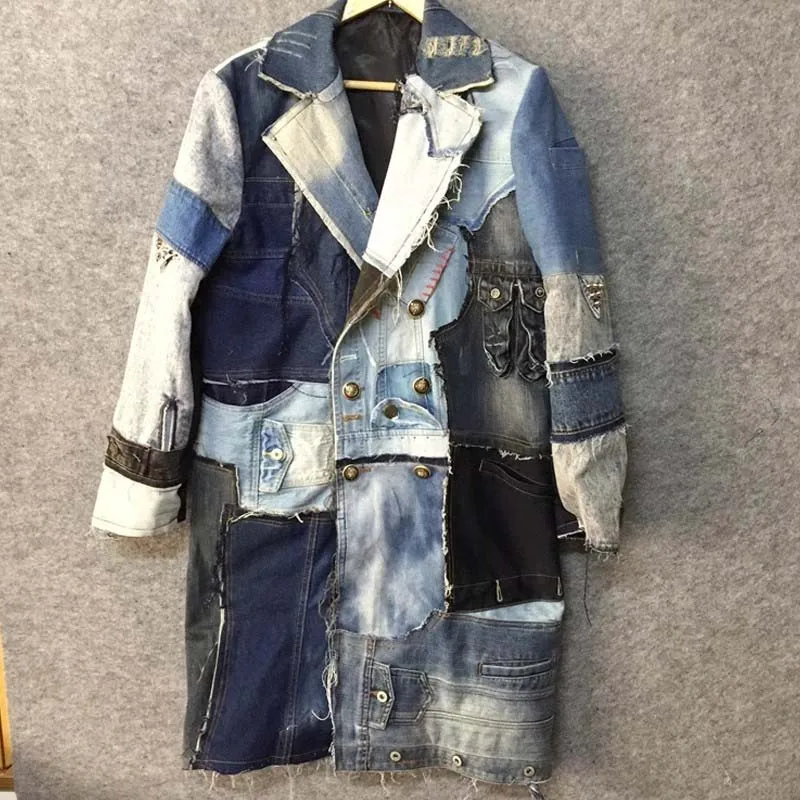 

Mcikkny Men Hi Street Ripped Patchwork Denim Trench Coats Double Breasted Techwear Windbreak Jeans Outwear Clothing