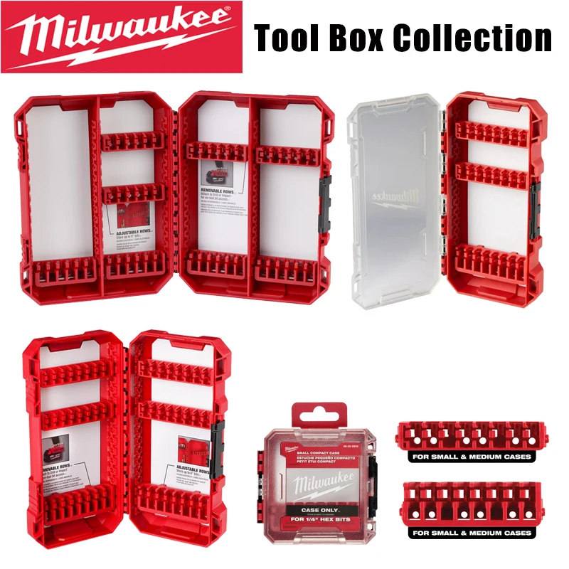Coleção de Caixas de Ferramentas Milwaukee: Estojo Organizador Portátil para Bits de Chave de Fenda com Haste Hexagonal de 1/4 de Polegada, Vazio, Durável e com Tampa Transparente