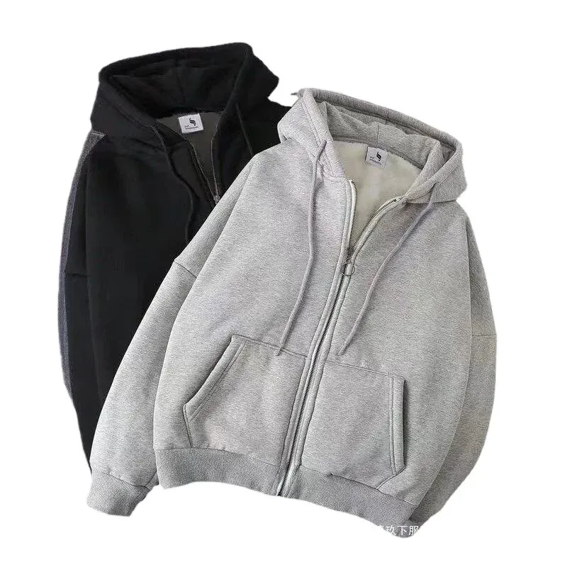 Men's Fleece Lined Open Cardigan Sweater Loose Fit Zipper Hoodie Casual Outerwear Autumn Winter Streetwear Style AE Stock