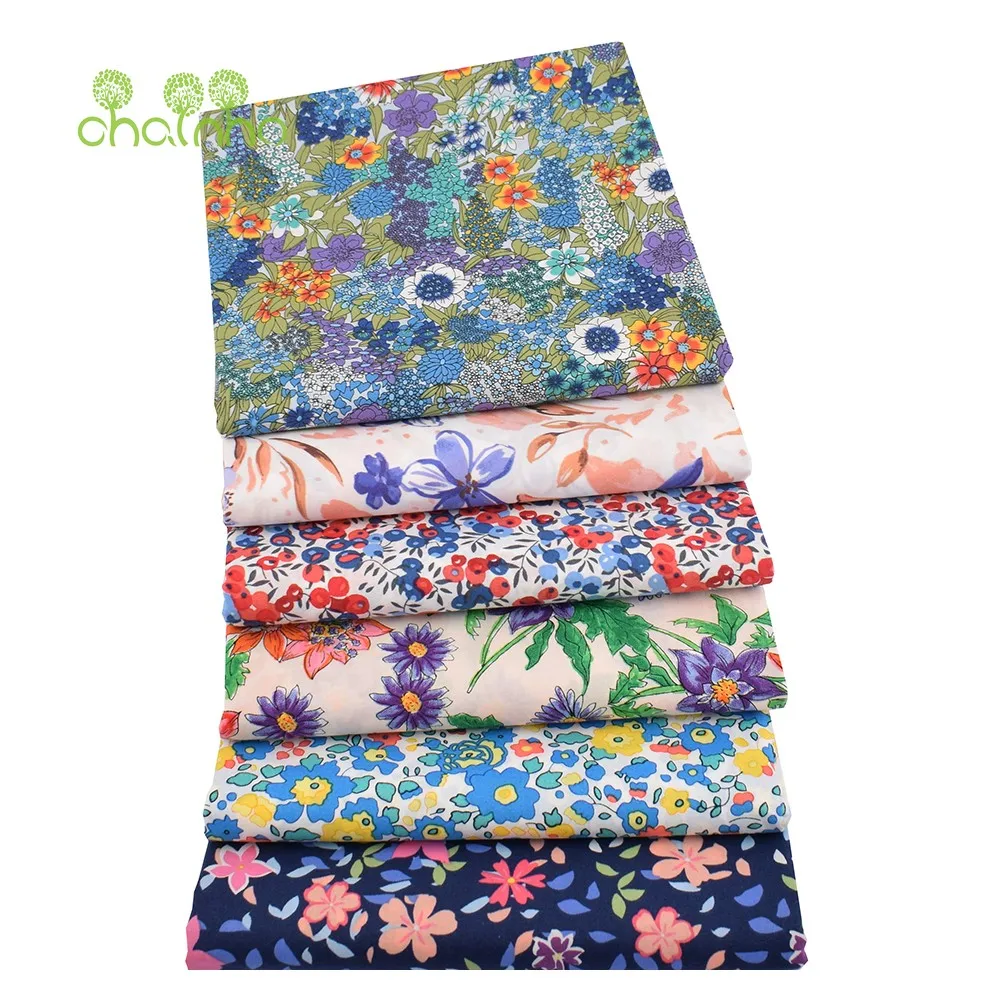 Chainho,Printed Plain Weave Poplin Cotton Fabric,DIY Quilting Sewing Material,Patchwork Cloth,Floral Series,3 Sizes,15PC40