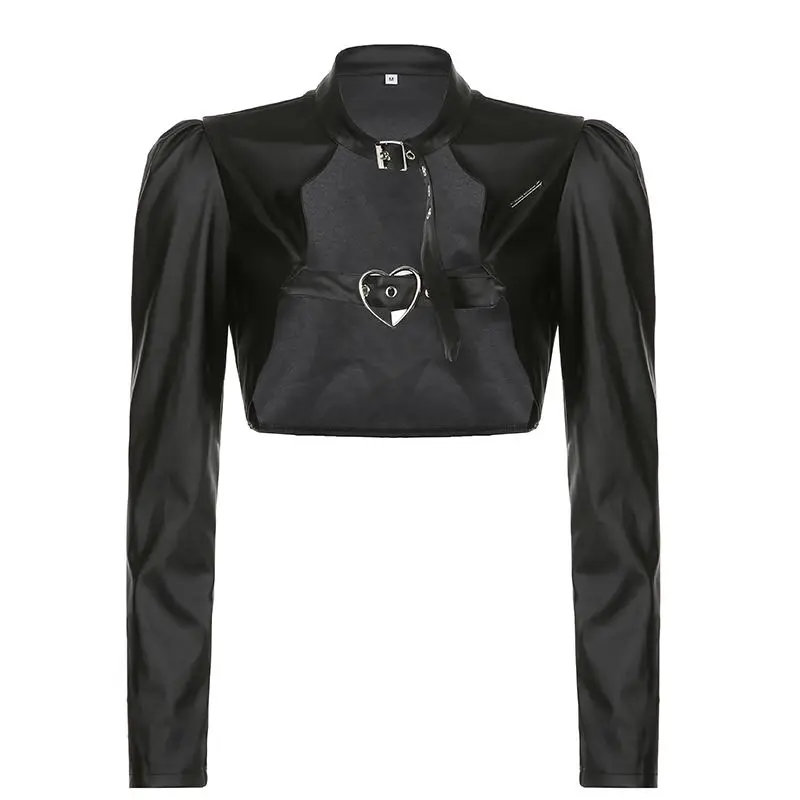 PU Leather Jacket One Shoulder Removable Metal Buckle Hip Hop Outfits Streetwear Cropped Jackets Solid Coat Gothic Black Women