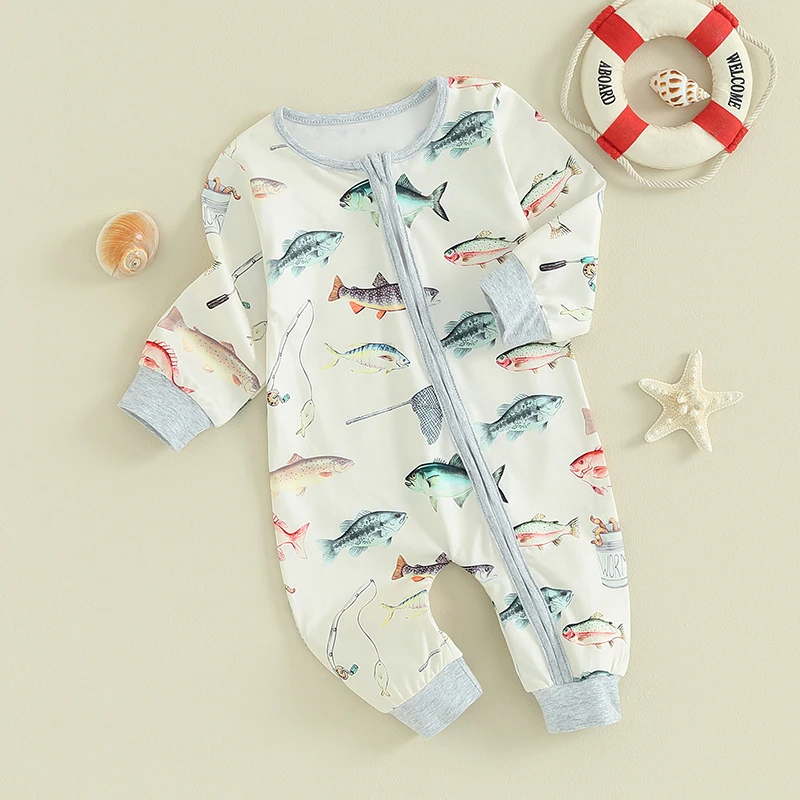 

Baby Jumpsuit Long Sleeve Crew Neck Fish Print Zipper Closure Fall Romper Clothes for Boys Girls