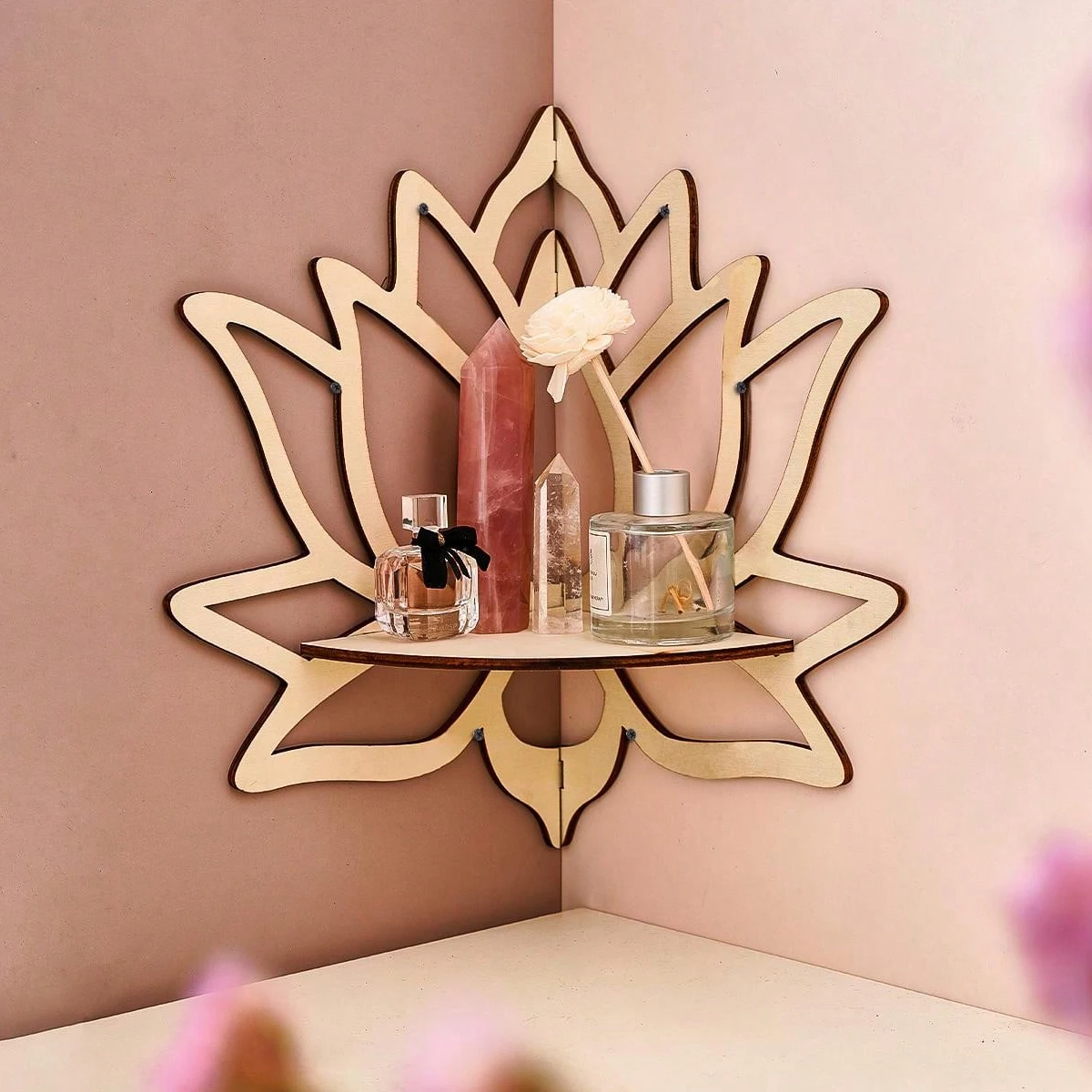 1pc, 6.7*11.5inch lotus shape wall decoration pendant, DIY assembly wooden small storage shelf (without nails)