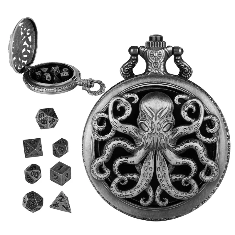 7 teile/satz Metall Polyedrische Würfel Set mit Hohl Octopus Taschenuhr Fall Fob Kette Gaming Würfel Zubehör für Rolle Spielen – Detail 5