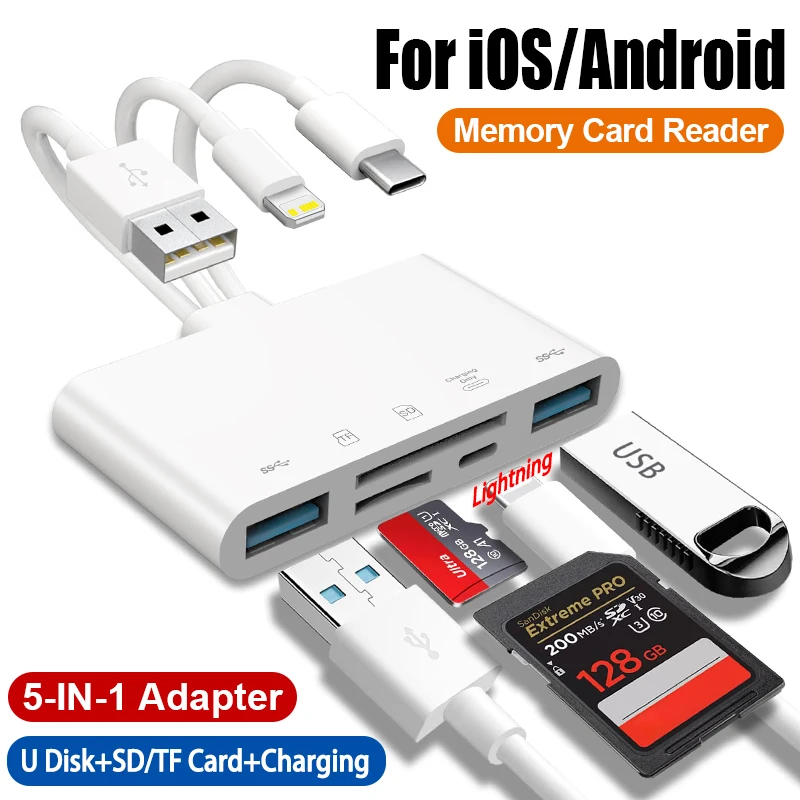 

Lightning to SD TF Memory Card Reader 5 in 1 USB OTG Adapter with Charging Port for iPhone iPad Xiaomi Samsung Huawei MacBook