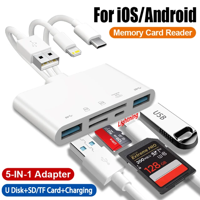 Lector de tarjetas de memoria Lightning a SD TF, adaptador USB OTG 5 en 1 con puerto de carga para iPhone, iPad, Xiaomi, Samsung, Huawei, MacBook