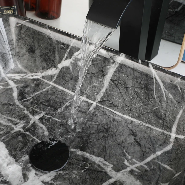 ZAPPO สีดําห้องน้ําอ่างล้างจานพร้อมก๊อกน้ําและท่อระบายน้ํา, 19 "x 15" x 6 "สี่เหลี่ยมผืนผ้าอ่างล้างจานชามหินอ่อนสีดําอ่างล้างจานสําหรับห้องน้ํา 5