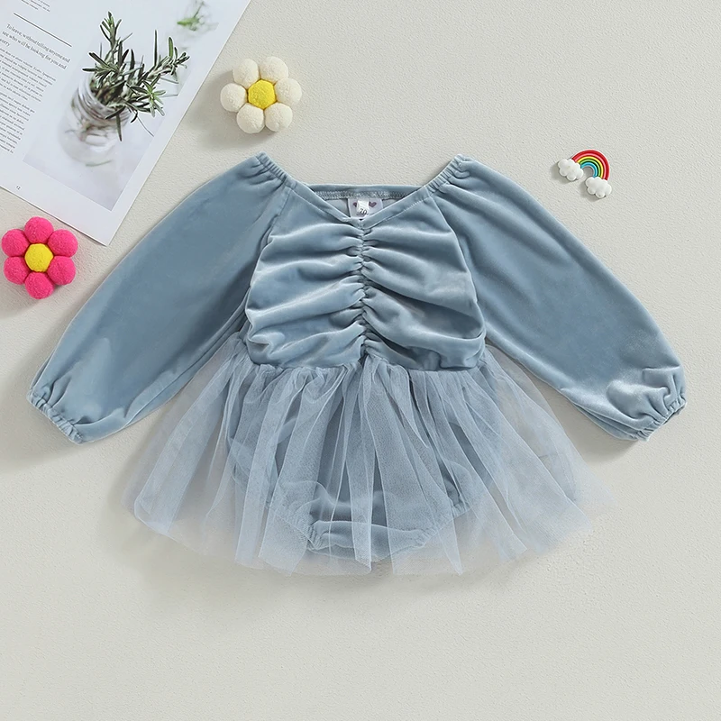 

BeQeuewll Baby Girls Romper Dress Solid Color Velvet Mesh Long Sleeve Jumpsuits for Newborn Infant Toddler Cute Clothes