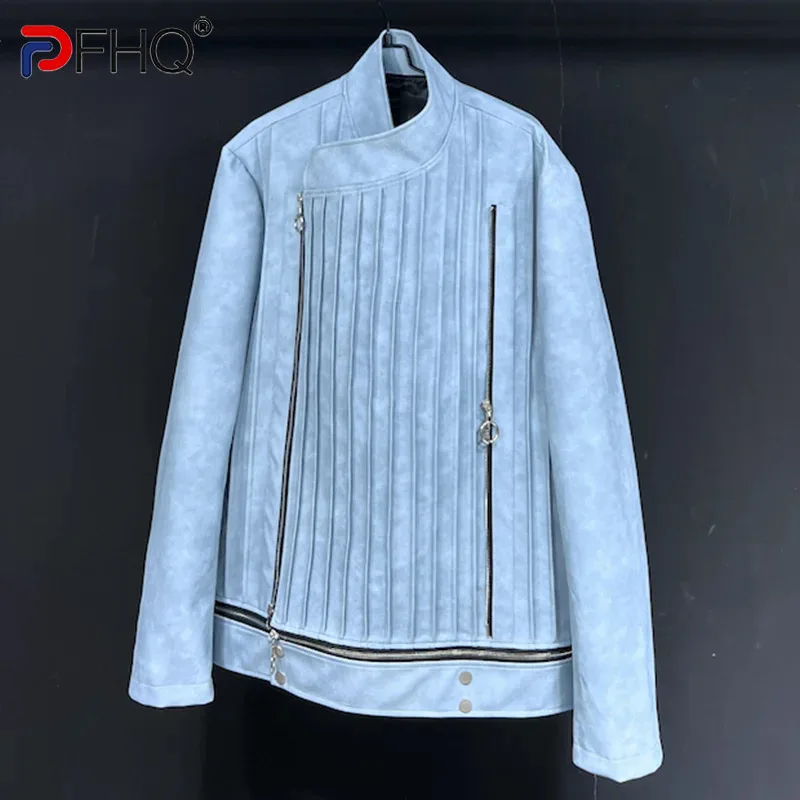 

PFHQ PU Pleated Heavy Industry Jackets For Men's Autumn Winter New Zippers Solid Color Advanced Niche Personality Coat 21Z3512