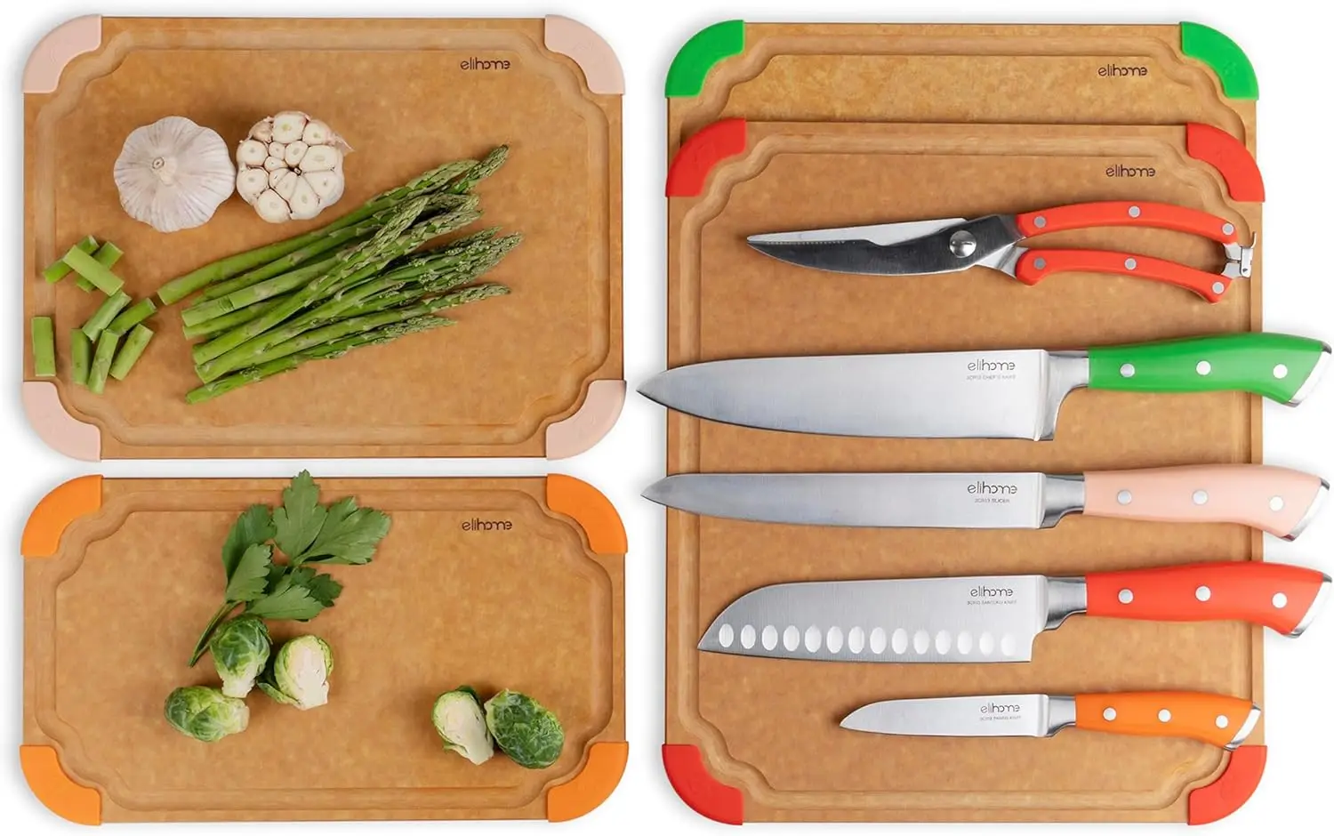 Cutting Board & Kitchen Knife Set, Color-Code Cutting Board Set with Food Icons, Non-Slip Feet