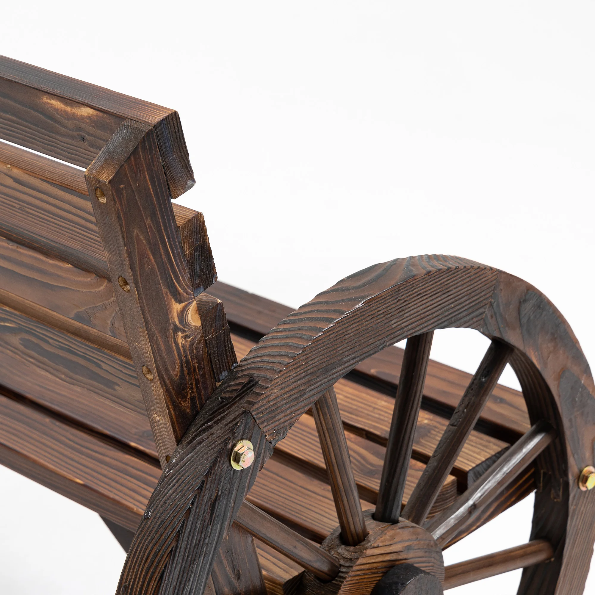2-Sitzer-Gartenbank aus Holz mit Wagenrad-Armlehnen im Landhausstil, Tannenholz, braun, 105,5 x 56 x 79 cm – Detail 8
