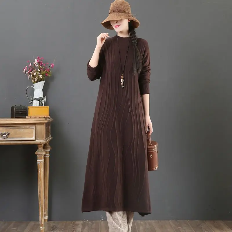 

Ladies Elegant Long Over Knee Dress 2023 Autumn Winter New Sleeve Knitted Retro Solid Loose Fashion Sweater F79